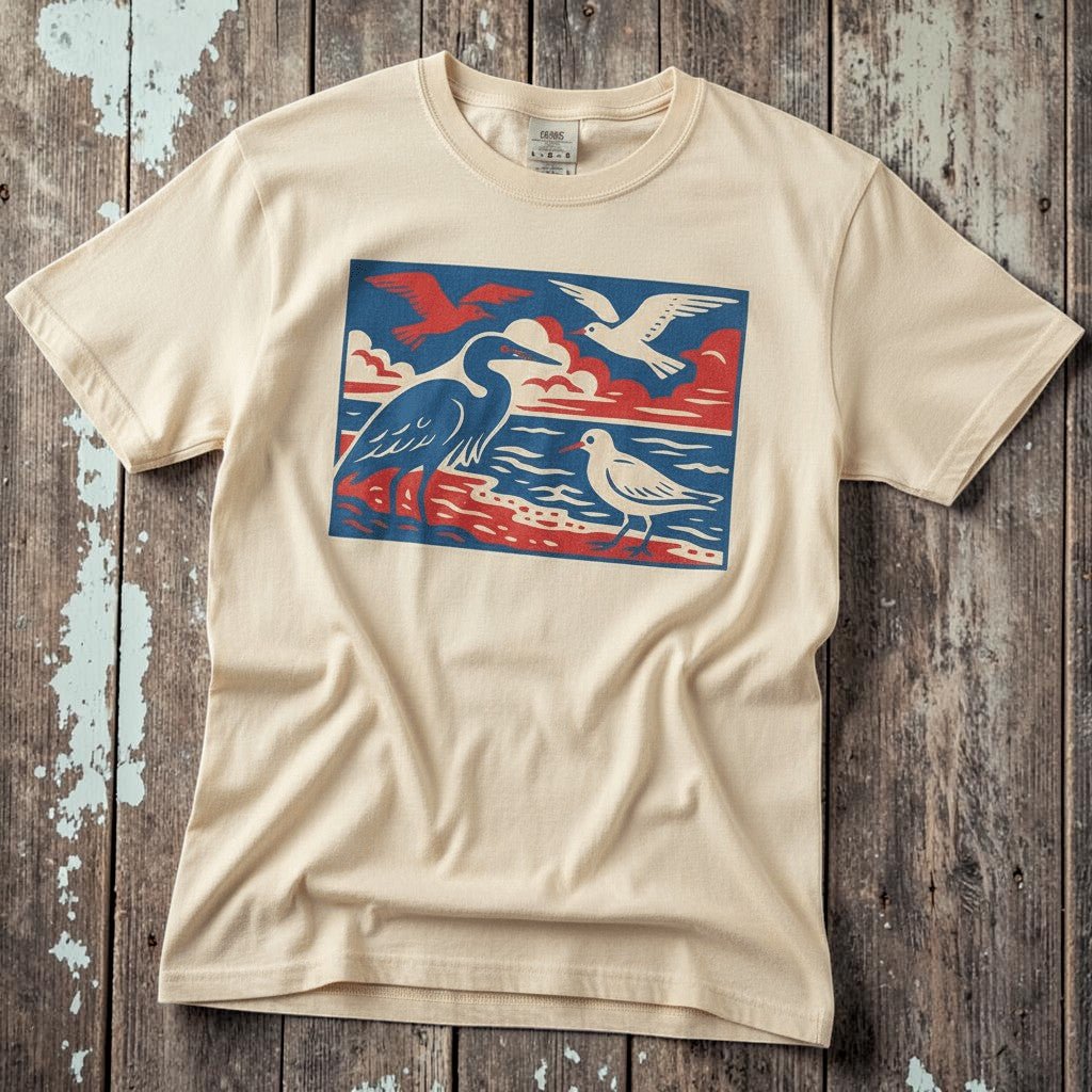 Summer Beach Birds Vibes ivory garment-dyed tee on faded driftwood planks