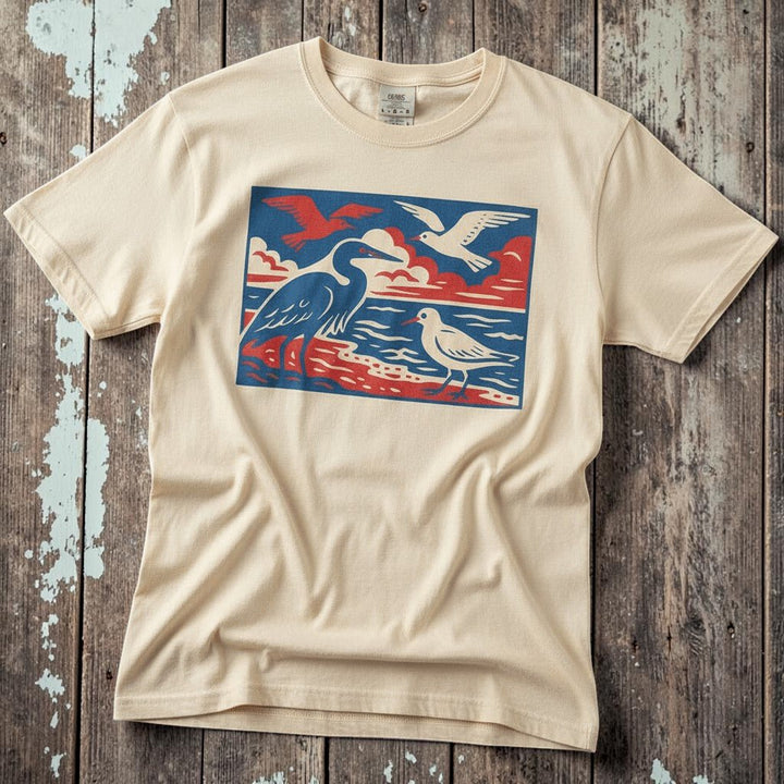 Summer Beach Birds Vibes ivory garment-dyed tee on faded driftwood planks