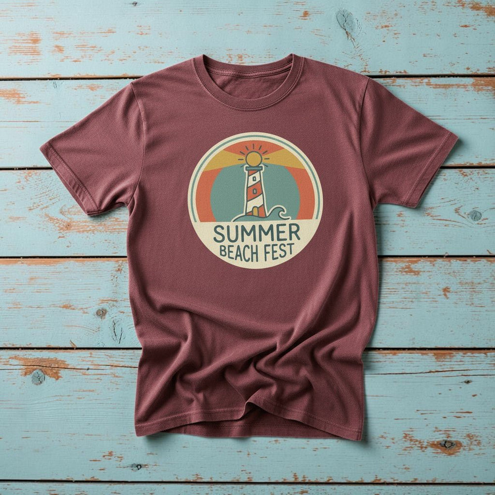 Summer Beach Fest brick garment-dyed tee on weathered wood planks