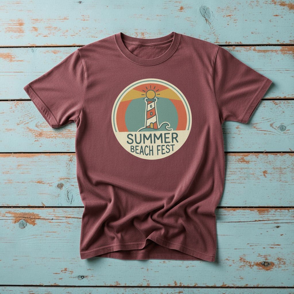 Summer Beach Fest brick garment-dyed tee on weathered wood planks