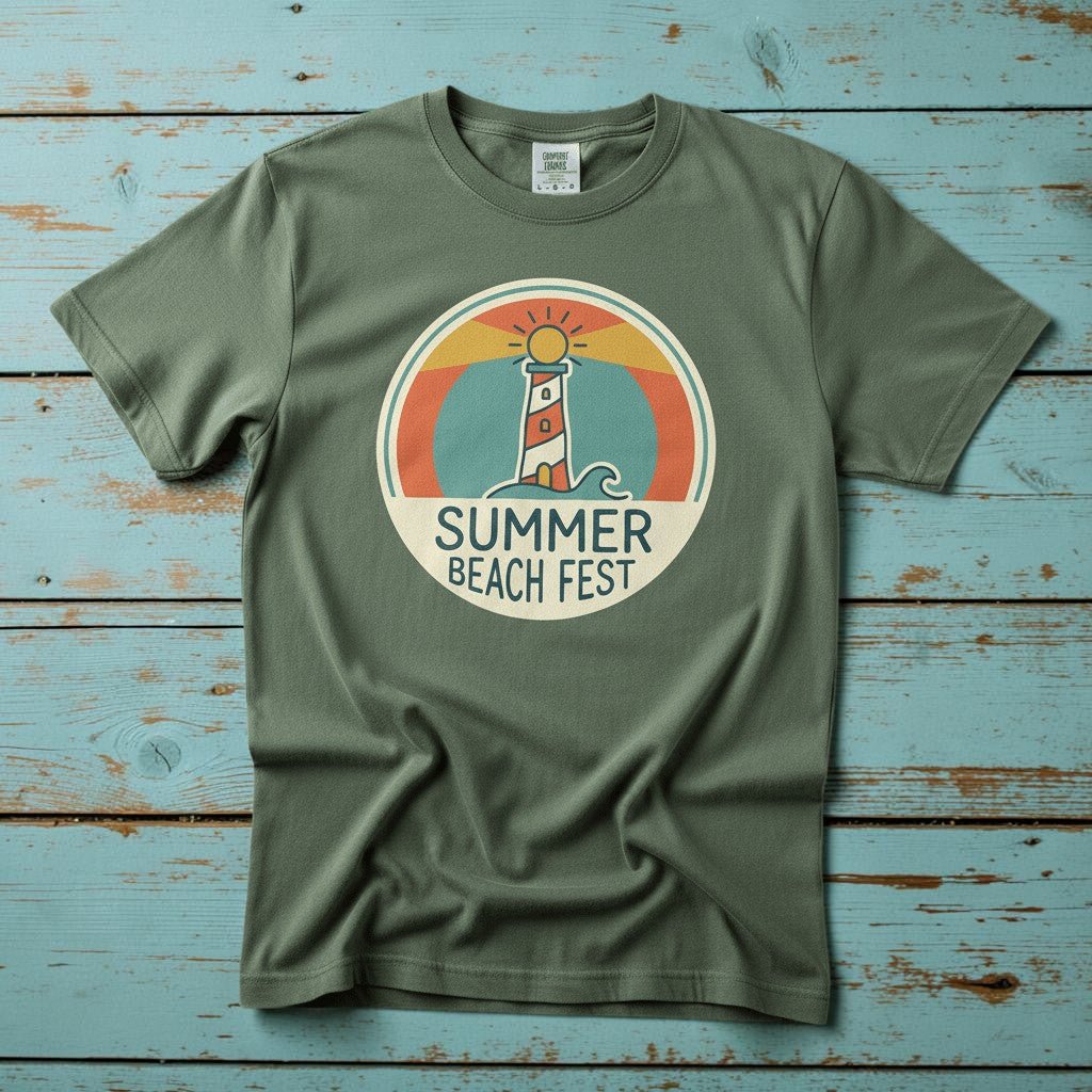 Summer Beach Fest sage garment-dyed tee on weathered wood planks