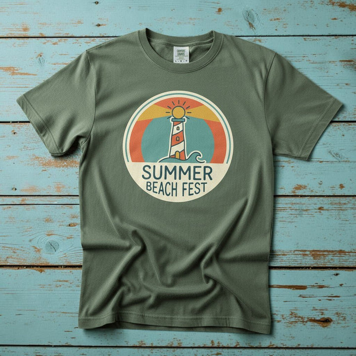 Summer Beach Fest sage garment-dyed tee on weathered wood planks