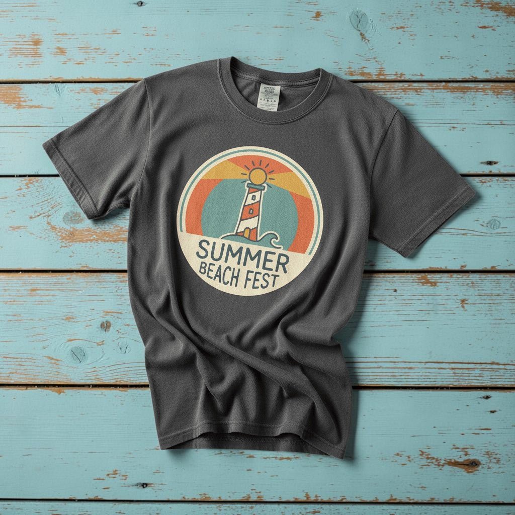 Summer Beach Fest graphite garment-dyed tee on weathered wood planks