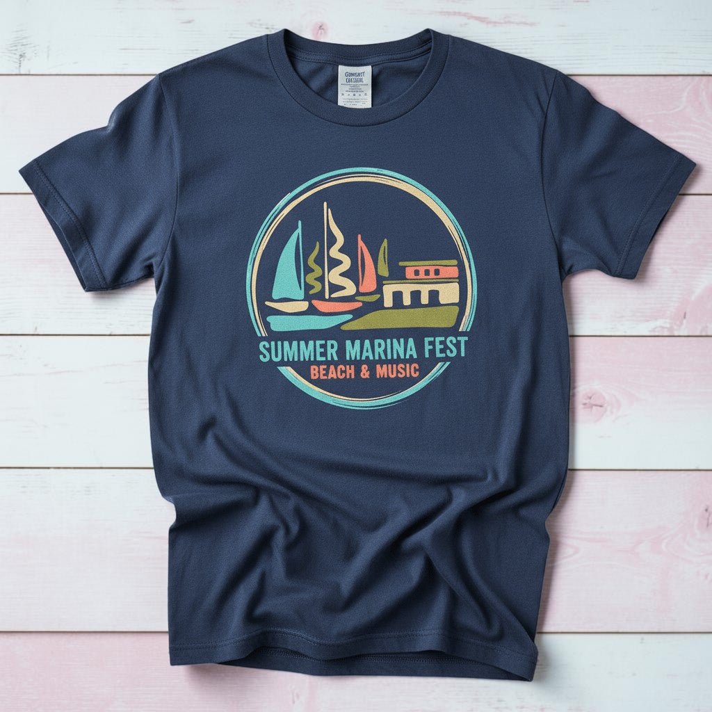 Summer Marina Festival midnight garment-dyed tee on weathered wood planks