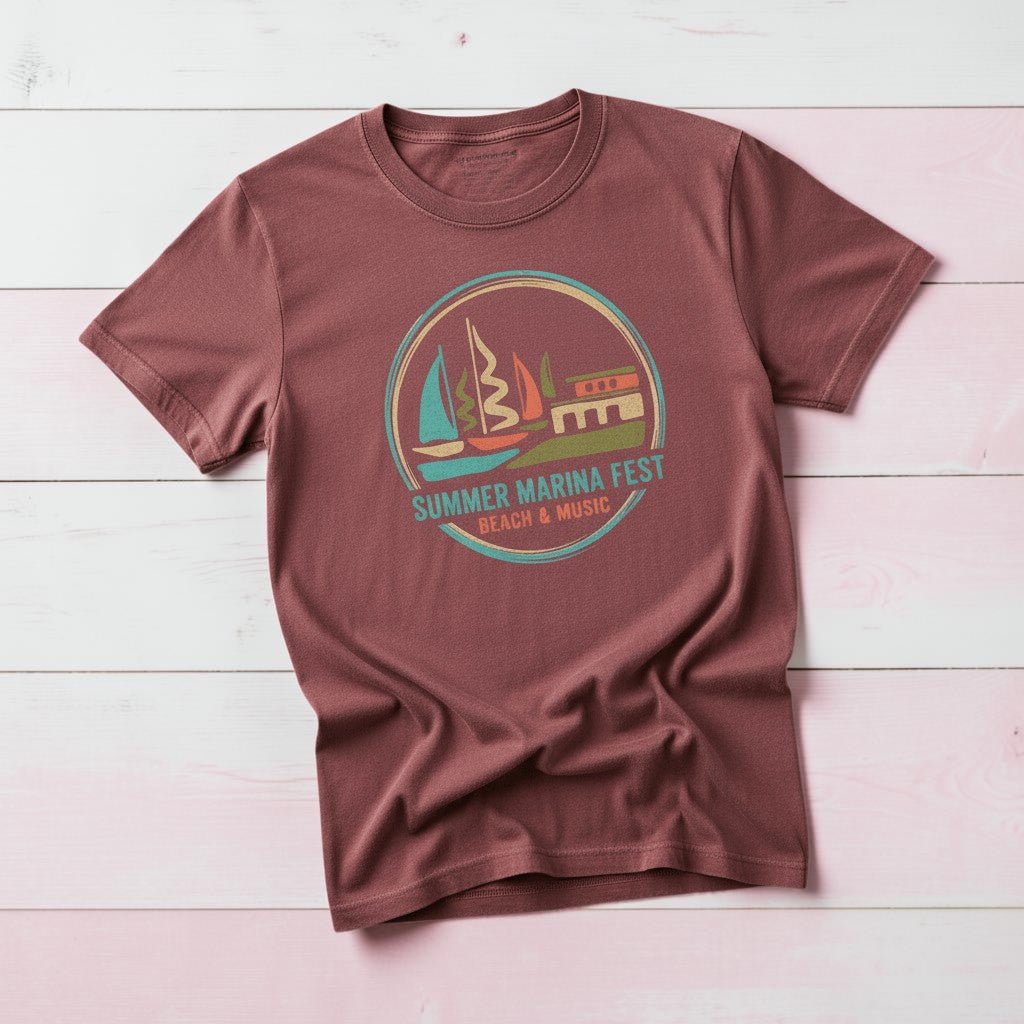 Summer Marina Festival brick garment-dyed tee on weathered wood planks