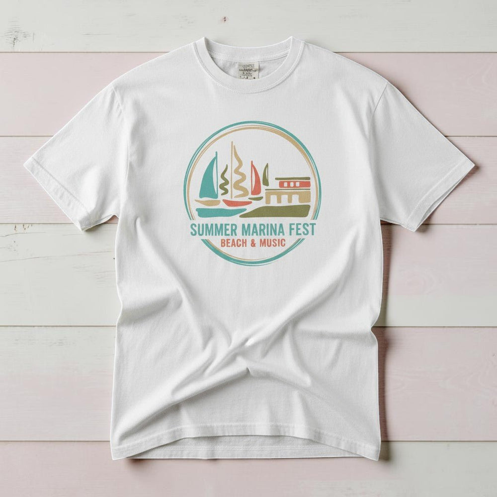 Summer Marina Festival white garment-dyed tee on weathered wood planks
