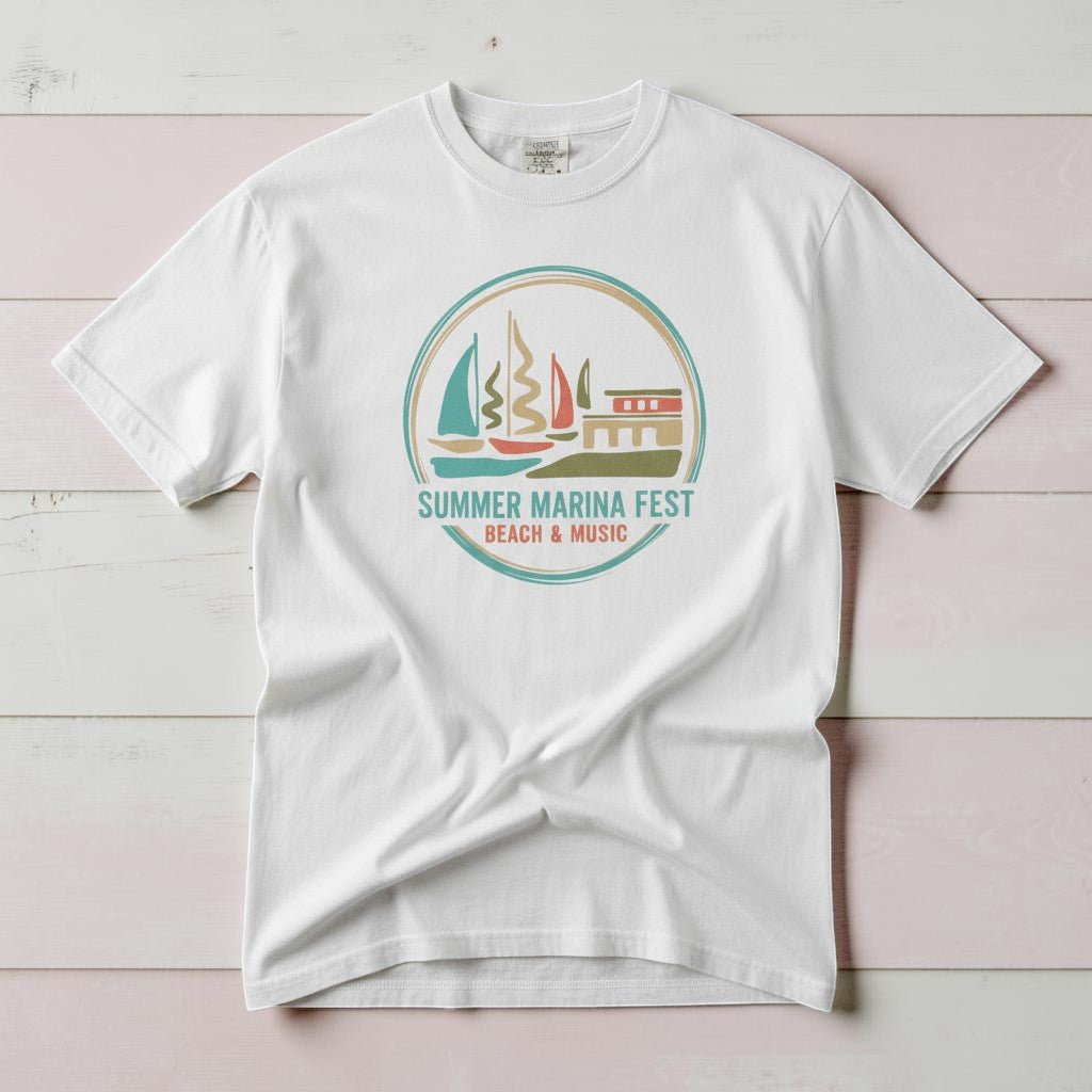 Summer Marina Festival white garment-dyed tee on weathered wood planks