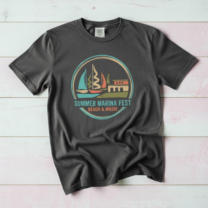 Summer Marina Festival graphite garment-dyed tee on weathered wood planks