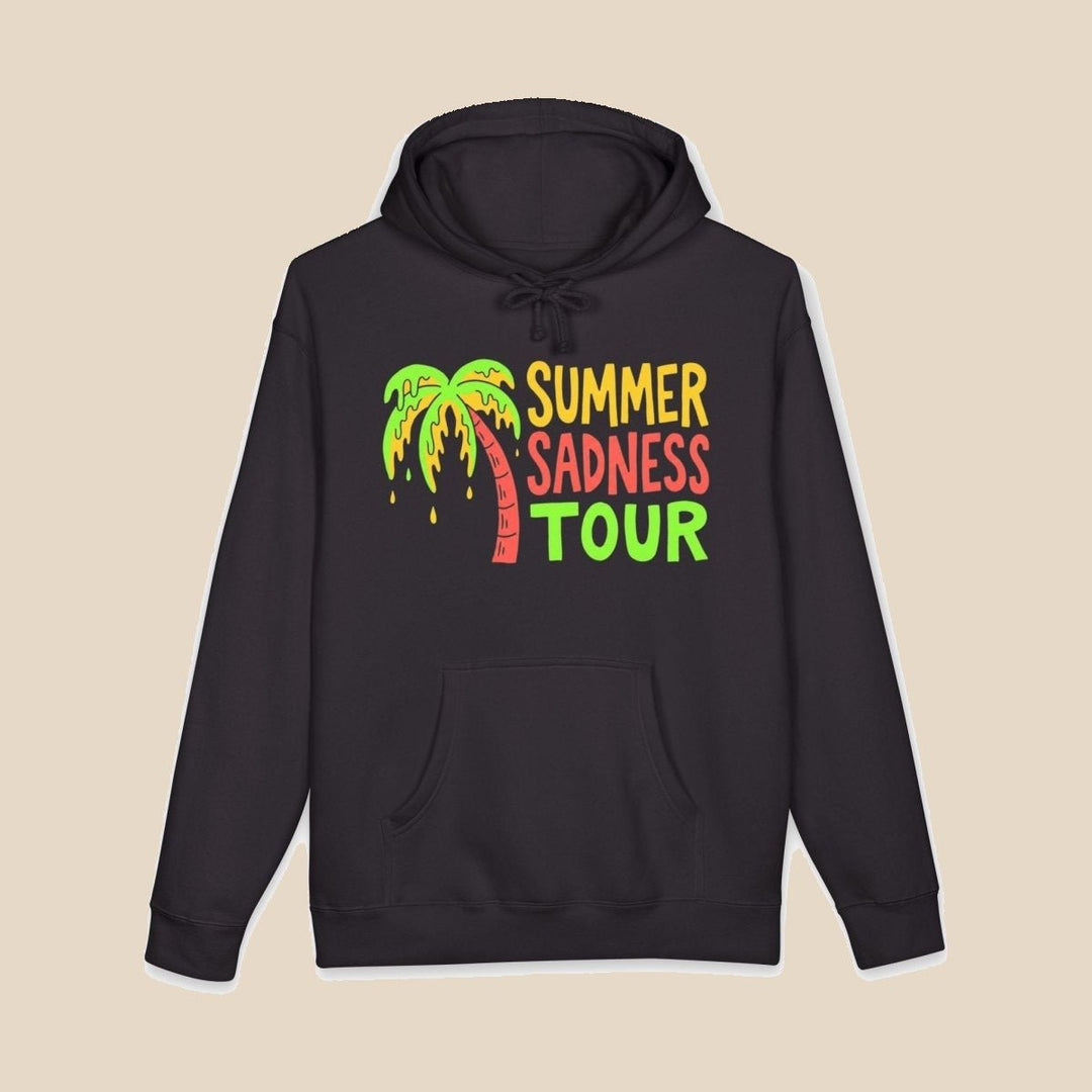 Summer Sadness Tour hoodie flat lay, view 2 — neon palm and melting ice cream graphic pullover by Five Tides Apparel