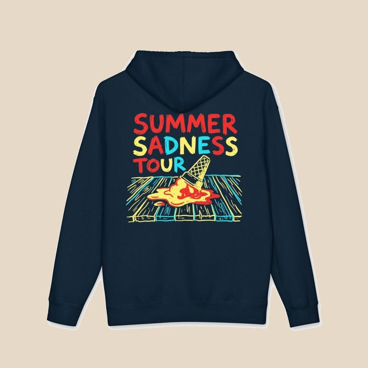 Summer Sadness Tour hoodie flat lay, view 3 — neon palm and melting ice cream graphic pullover by Five Tides Apparel