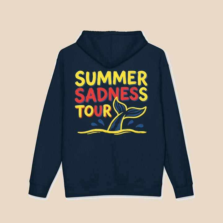 Summer Sadness Tour hoodie flat lay, view 3 — retro whale graphic pullover by Five Tides Apparel