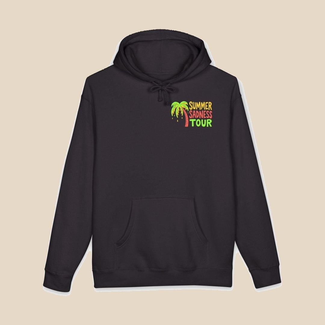Summer Sadness Tour hoodie flat lay, view 2 — retro whale graphic pullover by Five Tides Apparel