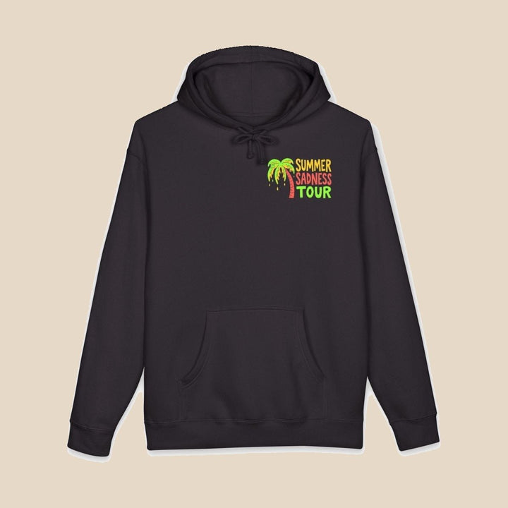 Summer Sadness Tour hoodie flat lay, view 2 — retro whale graphic pullover by Five Tides Apparel