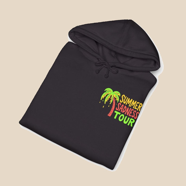 Summer Sadness Tour hoodie flat lay, view 8 — retro whale graphic pullover by Five Tides Apparel