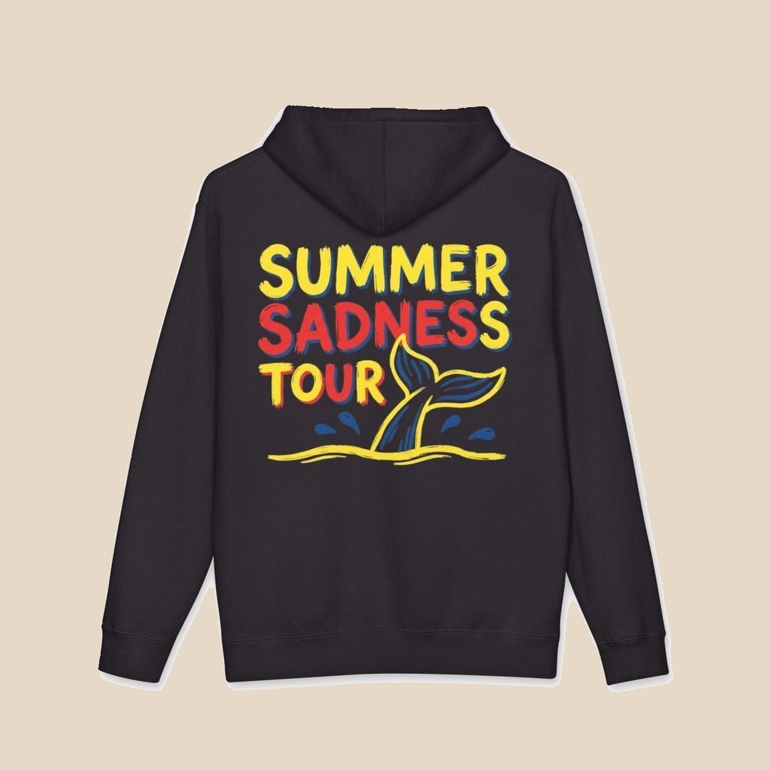 Summer Sadness Tour hoodie flat lay, view 7 — retro whale graphic pullover by Five Tides Apparel