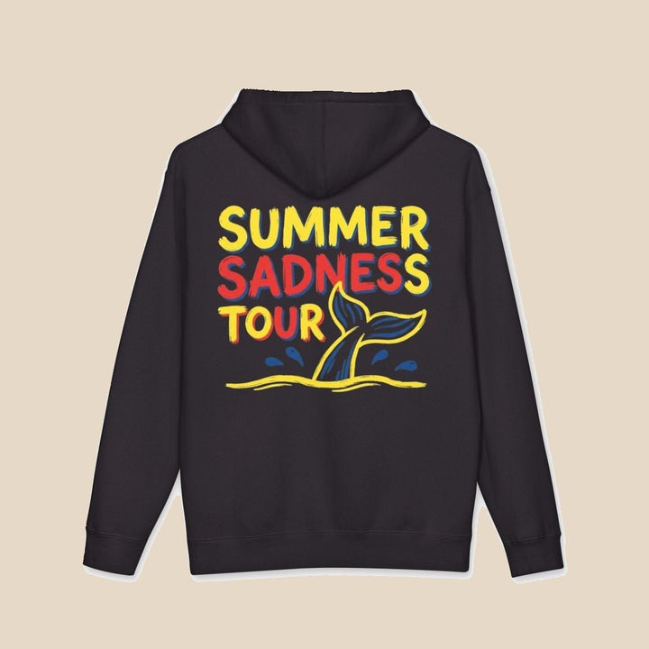 Summer Sadness Tour hoodie flat lay, view 7 — retro whale graphic pullover by Five Tides Apparel