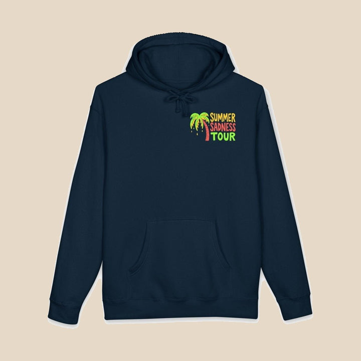 Summer Sadness Tour hoodie flat lay, view 1 — retro whale graphic pullover by Five Tides Apparel