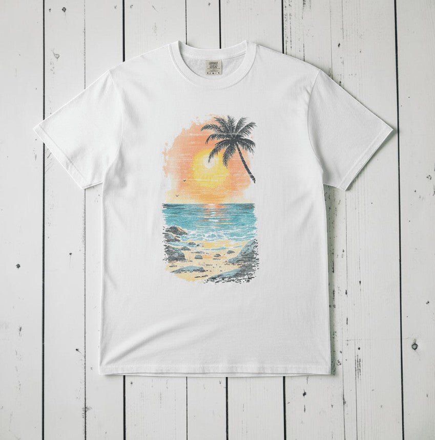 Sun Faded Beach Sunset II Graphic Tee — White on Colorful Driftwood