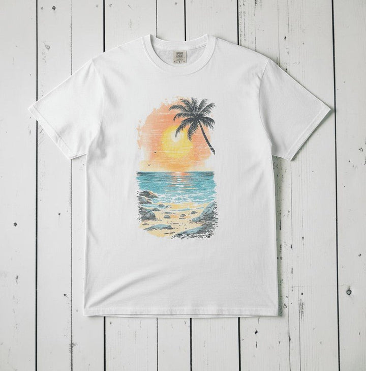 Sun Faded Beach Sunset II Graphic Tee — White on Colorful Driftwood