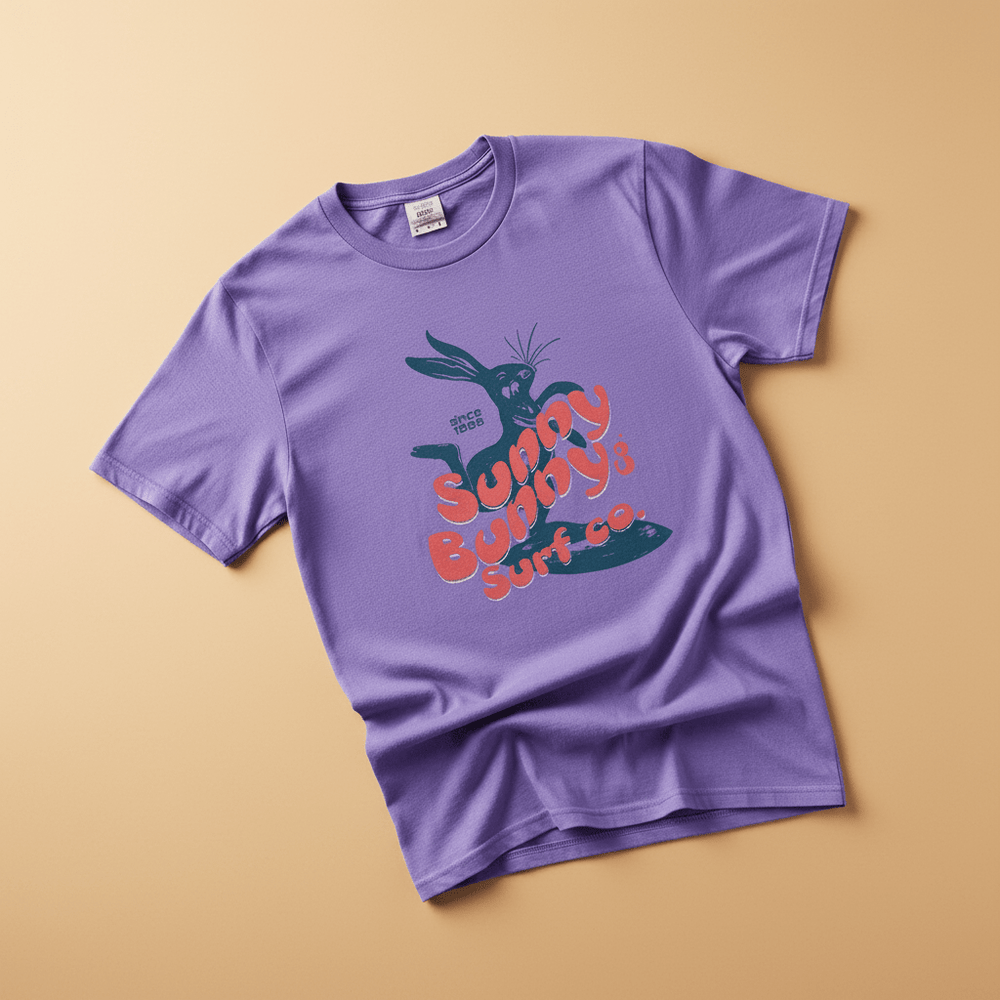 Sunny Bunny Surf Co. Tee in Lavender — front graphic, warm sand studio background