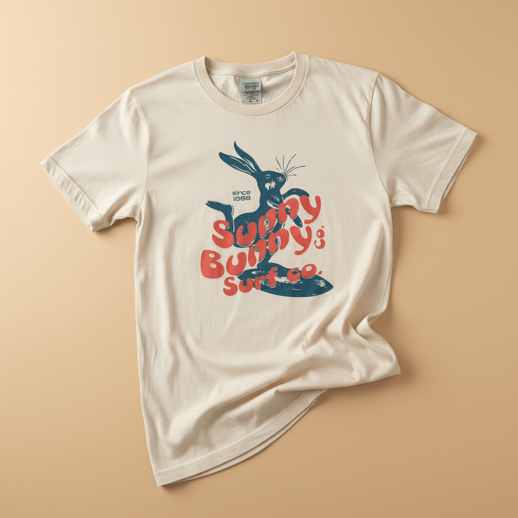 Sunny Bunny Surf Co. Tee in Ivory — front graphic, warm sand studio background