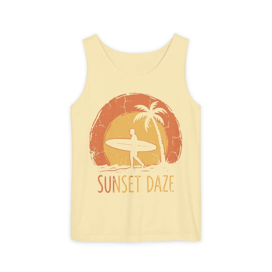 Sunset Daze Surf Tank | Garment-Dyed Vintage Surf Graphic Tank Top - FIVE TIDES APPAREL