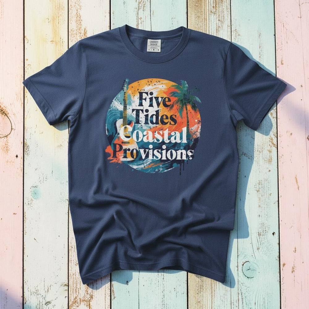 Sunset Palm Guitar china blue garment-dyed tee casually tousled on rustic reclaimed wood