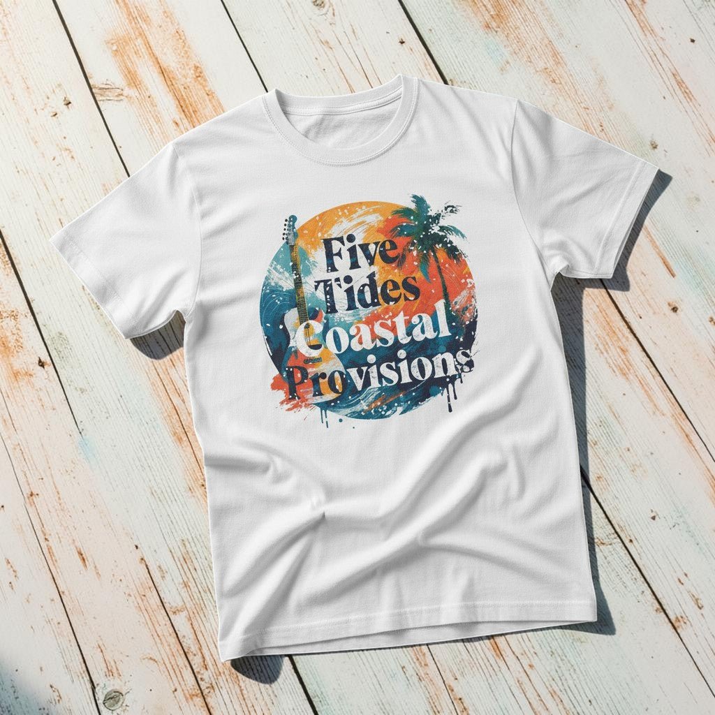 Sunset Palm Guitar white garment-dyed tee casually tousled on rustic reclaimed wood
