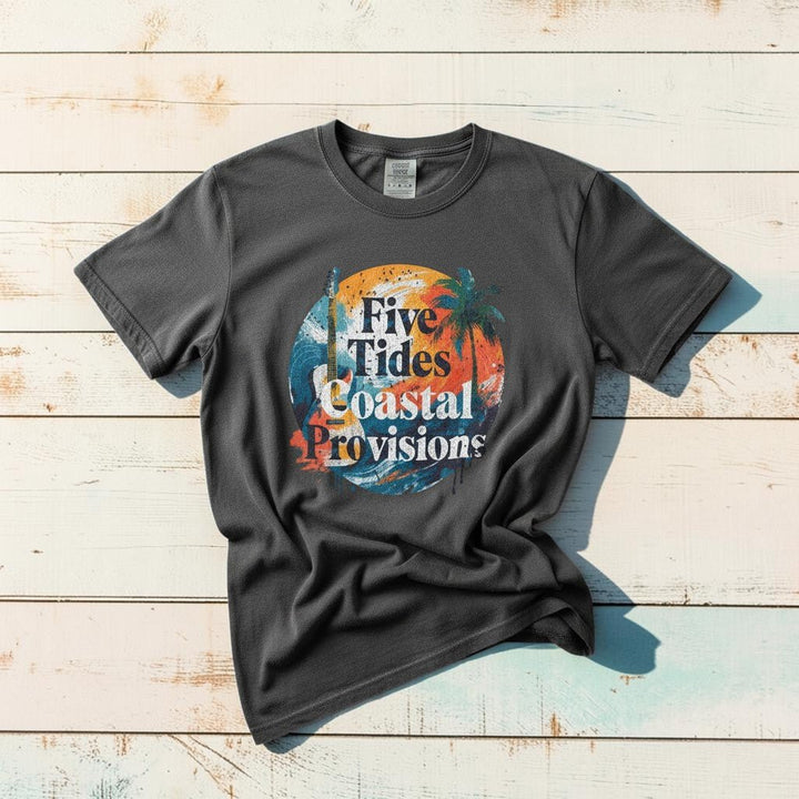 Sunset Palm Guitar graphite garment-dyed tee casually tousled on rustic reclaimed wood