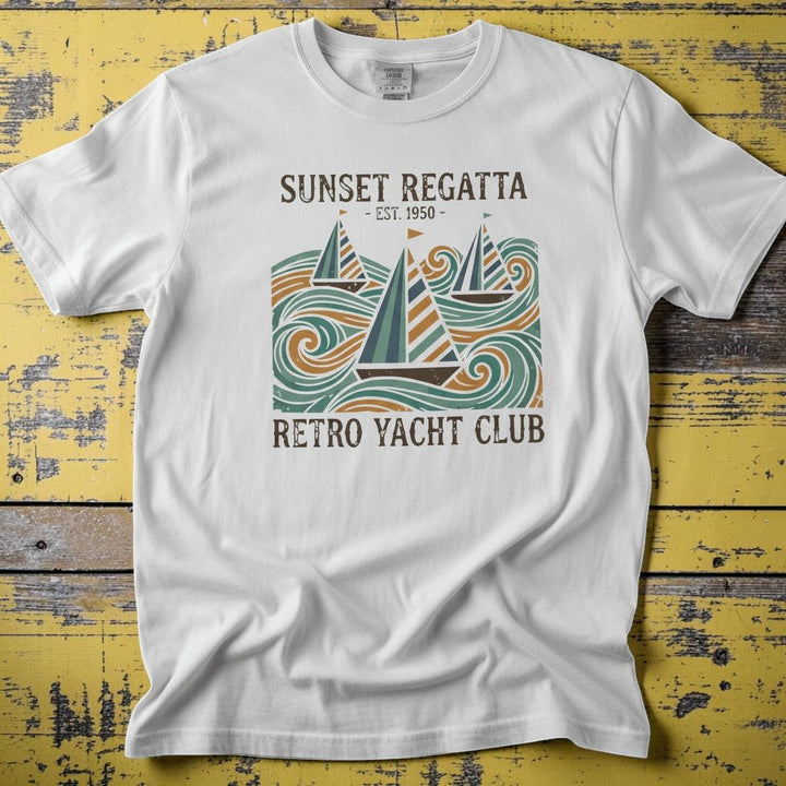 Sunset Regatta Retro Yacht Club white garment-dyed tee on weathered wood planks