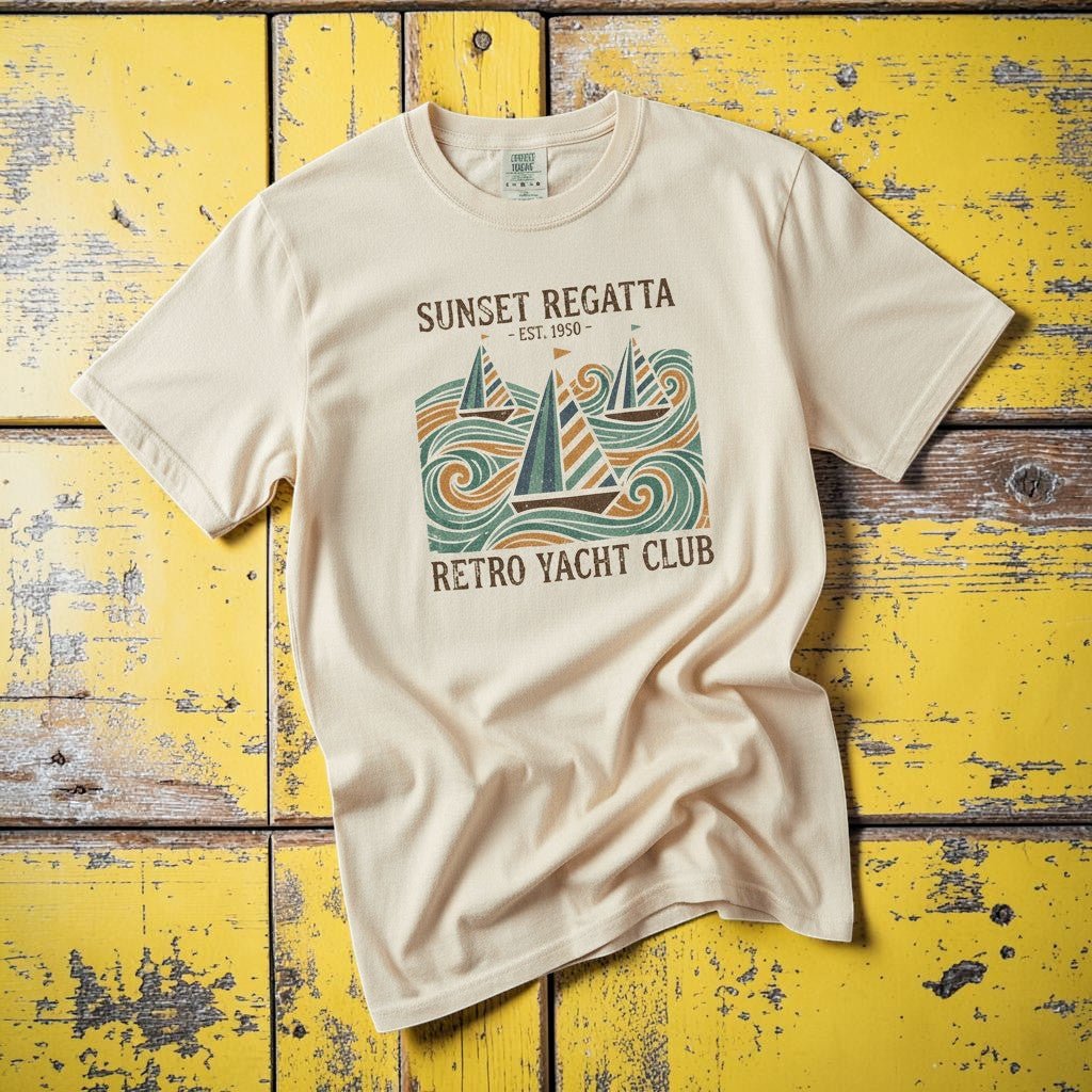 Sunset Regatta Retro Yacht Club ivory garment-dyed tee on weathered wood planks
