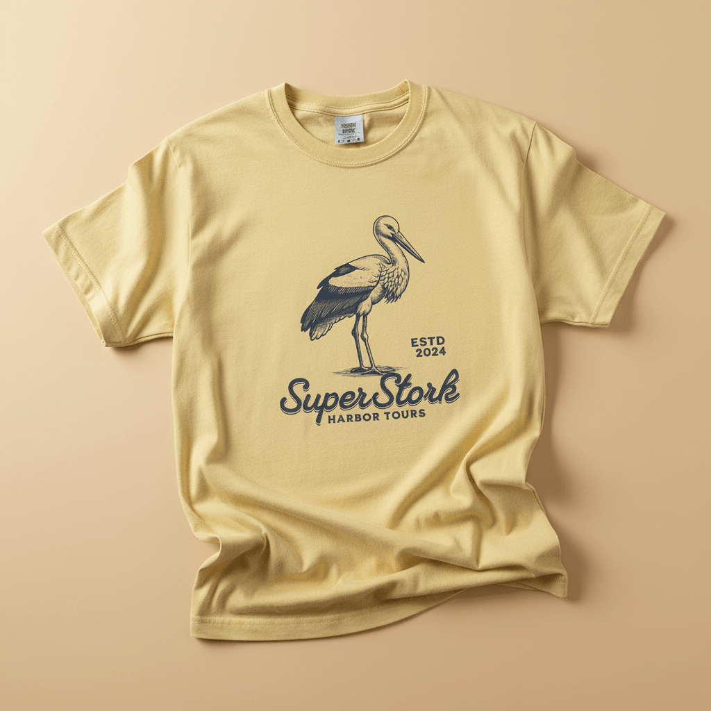 Super Stork Tee in Banana Yellow — front graphic, warm sand studio background