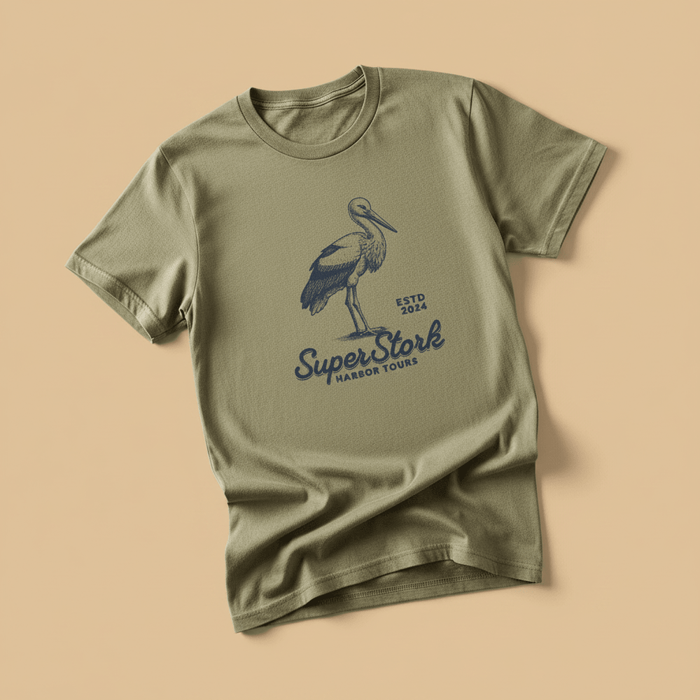 Super Stork Tee in Khaki/Olive — front graphic, warm sand studio background