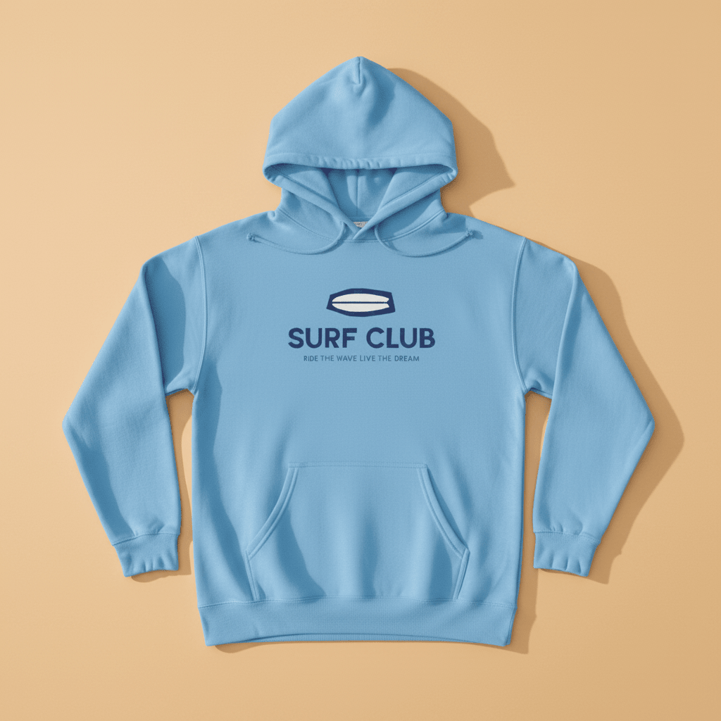 Sky Blue Aqua Surf Club Hoodie — front graphic, warm sand studio background