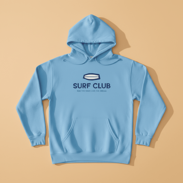 Sky Blue Aqua Surf Club Hoodie — front graphic, warm sand studio background