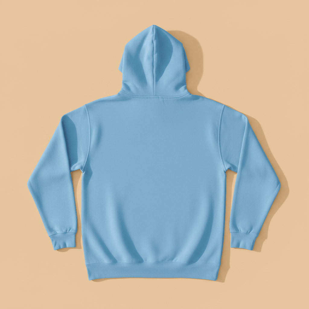 Sky Blue Aqua Surf Club Hoodie — plain back, warm sand studio background