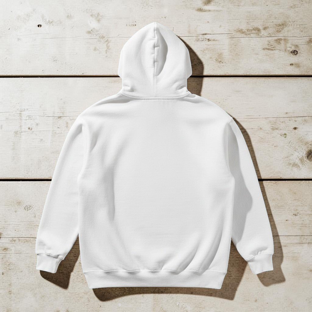 Surf Club Hoodie in White — plain back, warm sand studio background
