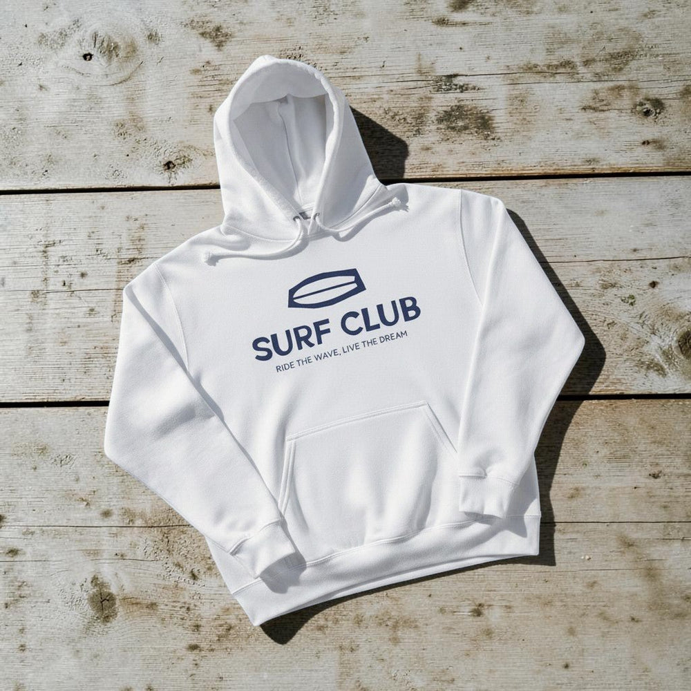 Surf Club Hoodie in White — front graphic, warm sand studio background