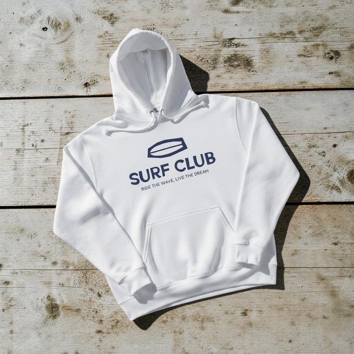 Surf Club Hoodie in White — front graphic, warm sand studio background
