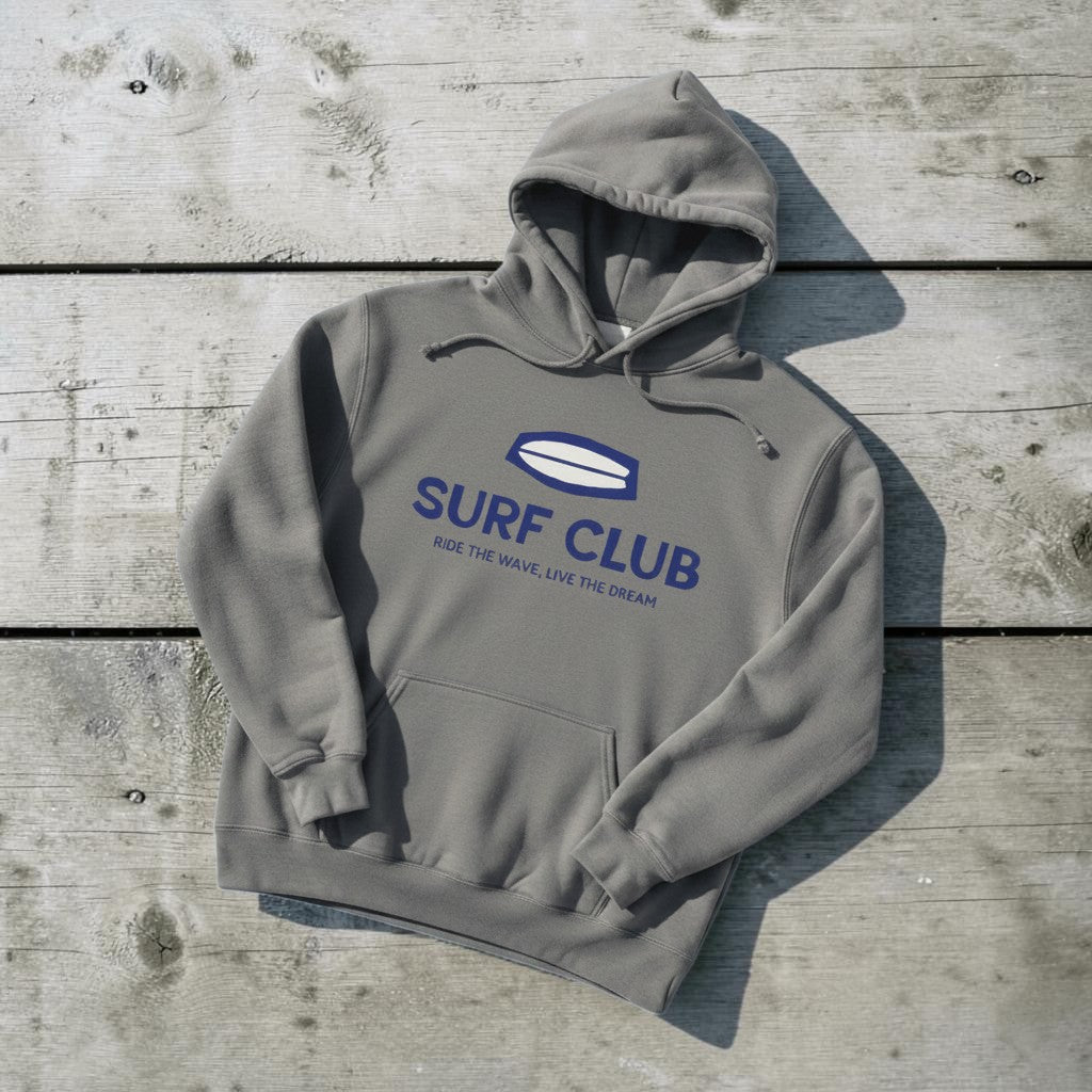 Surf Club Hoodie in Grey — front graphic, warm sand studio background