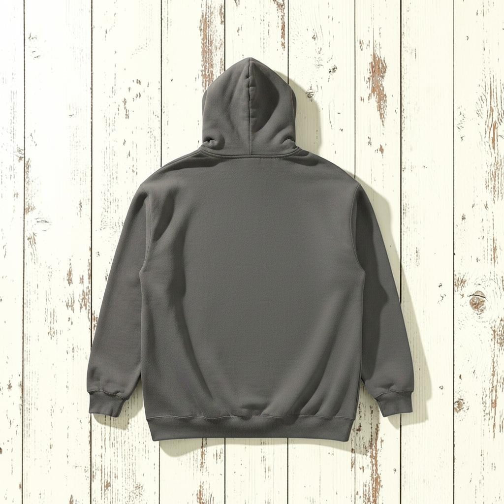 Surf Club Hoodie in Grey — plain back, warm sand studio background