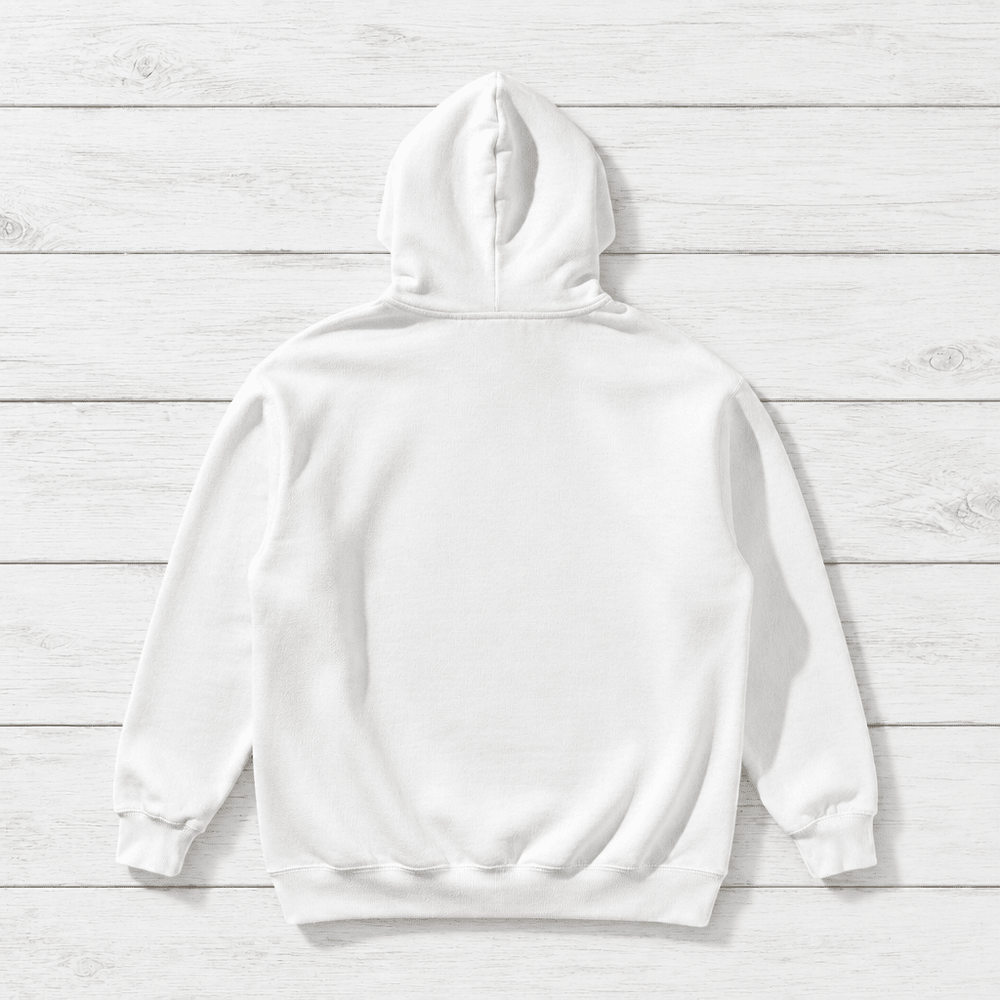 White Surf Club II hoodie back flat lay on whitewashed boards