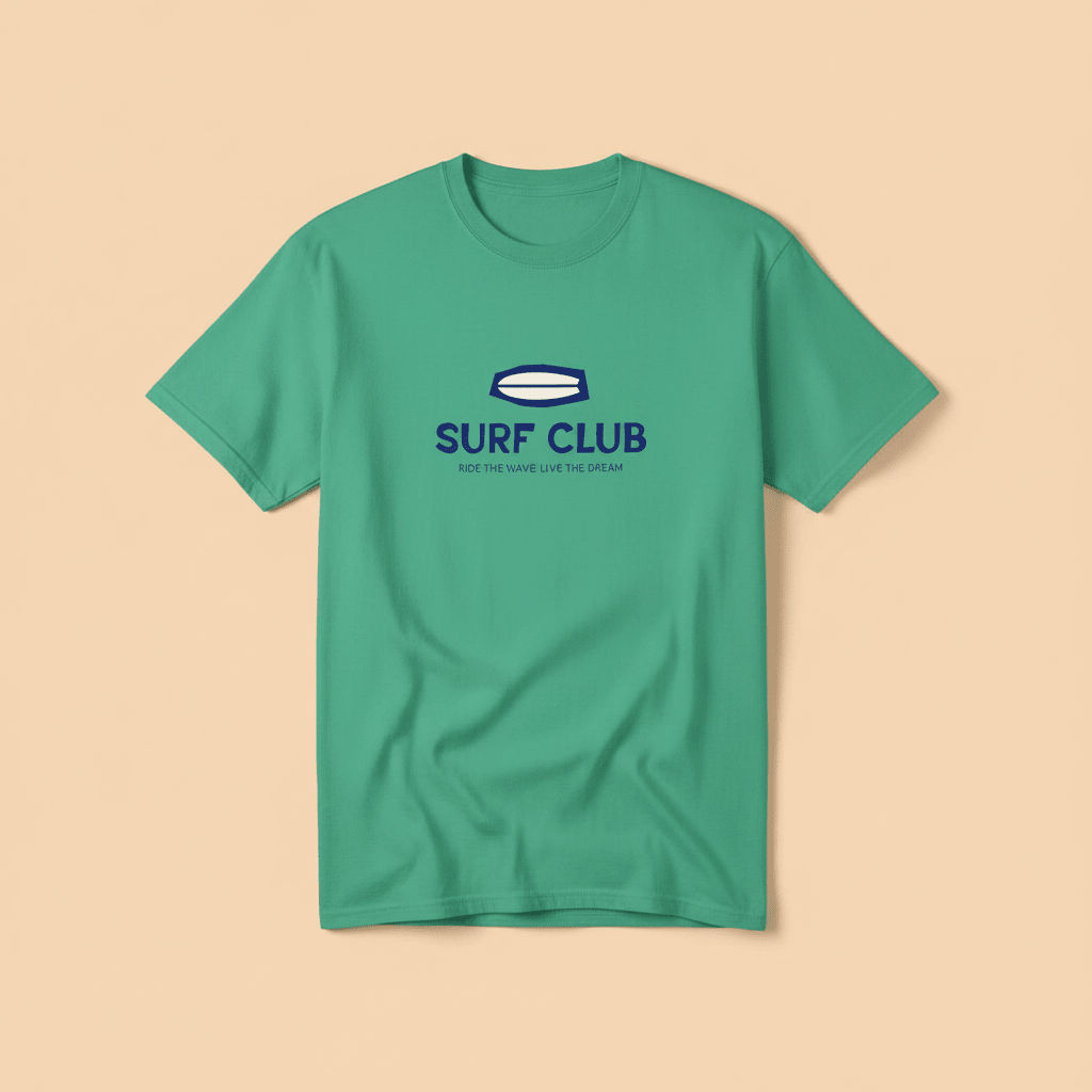 Surf Club Tee in Island Green — front graphic, warm sand studio background