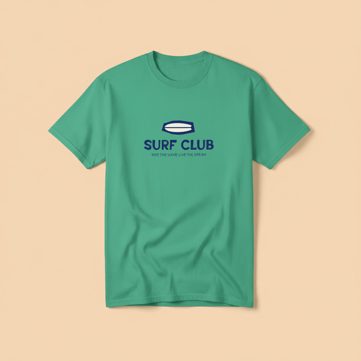 Surf Club Tee in Island Green — front graphic, warm sand studio background