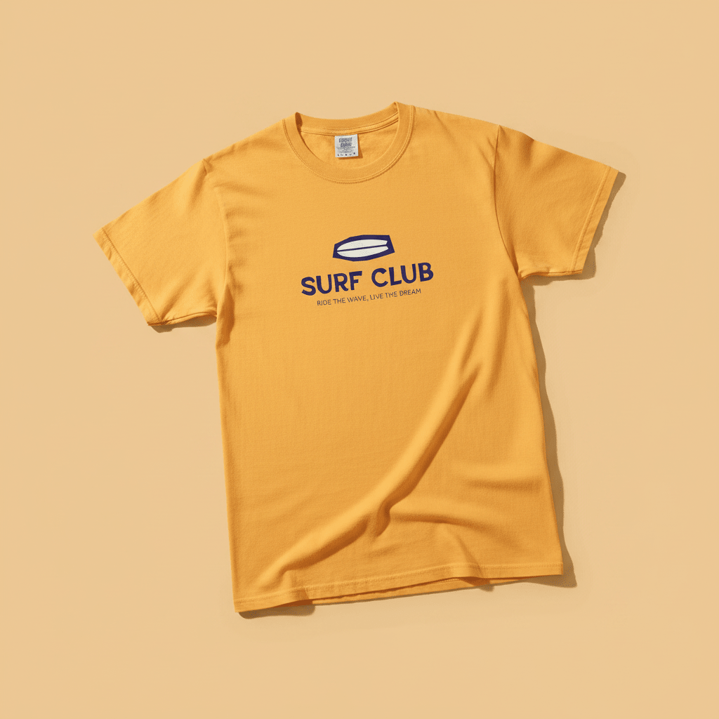 Surf Club Tee in Citrus — front graphic, warm sand studio background