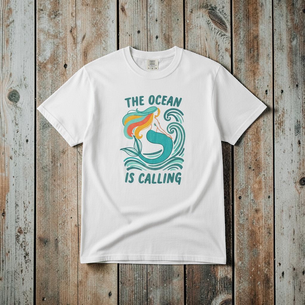 The Ocean Is Calling white garment-dyed mermaid wave tee laid flat on rustic reclaimed wood