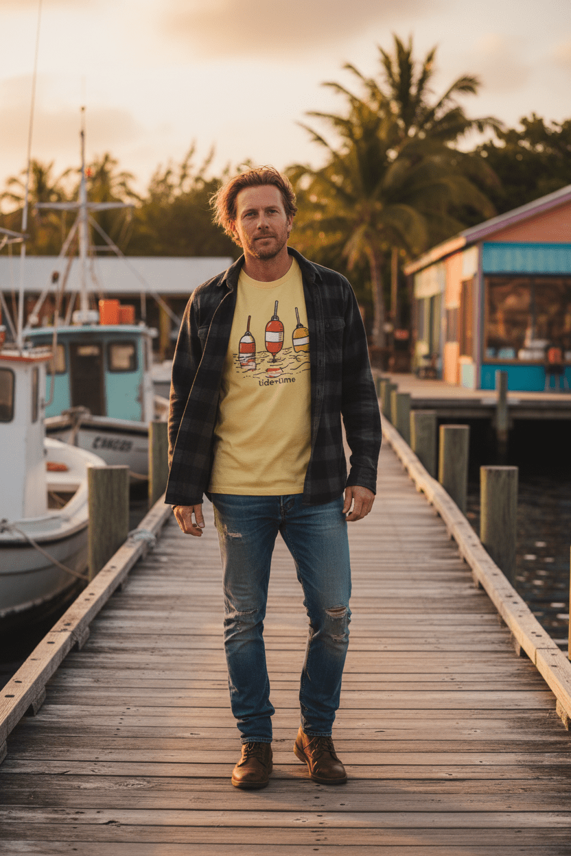 Male lifestyle - Tide + Time Beach Buoy Tee in yellow on tropical island dock