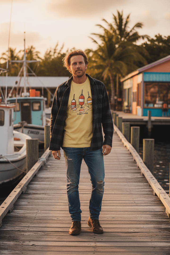 Male lifestyle - Tide + Time Beach Buoy Tee in yellow on tropical island dock