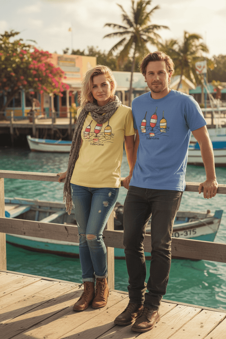 Couple lifestyle - Tide + Time Beach Buoy Tee in steel blue and yellow on tropical island dock