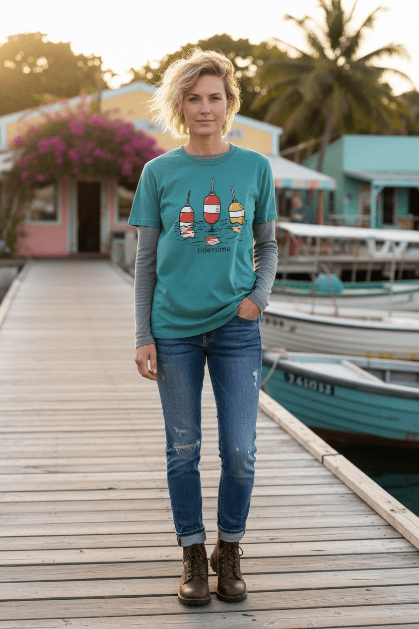 Female lifestyle - Tide + Time Beach Buoy Tee in teal on tropical island dock